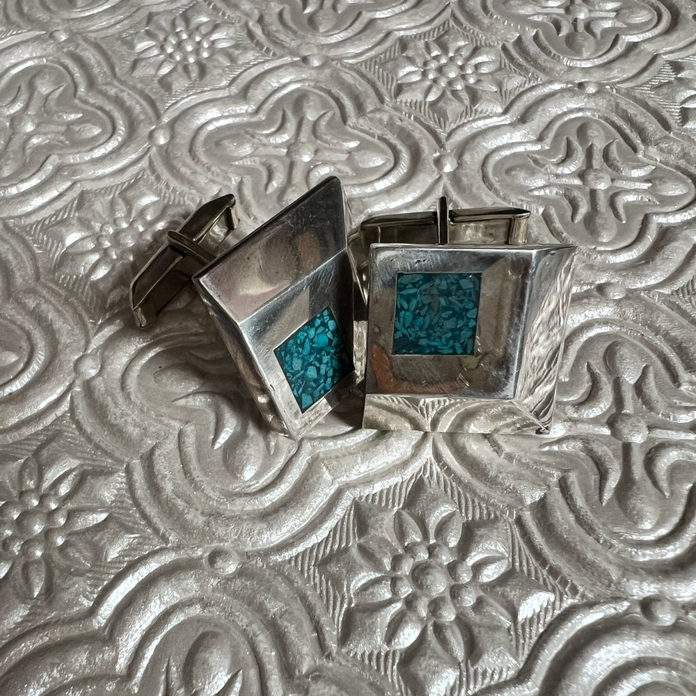 Mexico sterling Silver-Tone Cufflinks with Turquoise Inlay - Men Accessories